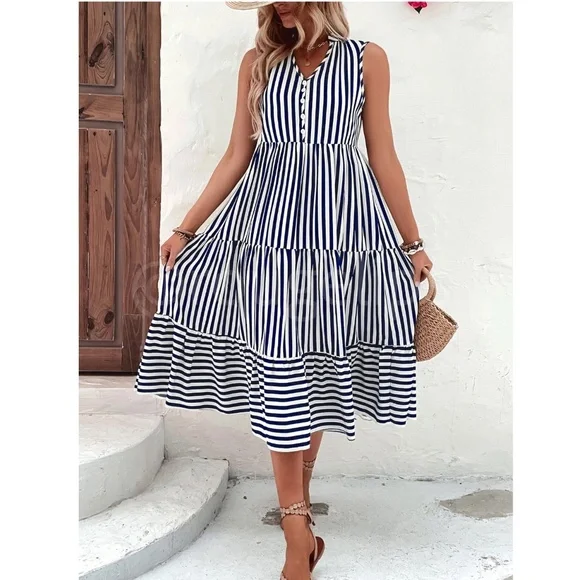 Striped Blue White V-Neck Midi Dress Sleeveless Flared Ruffle Hem A-line - Picture 4 of 8